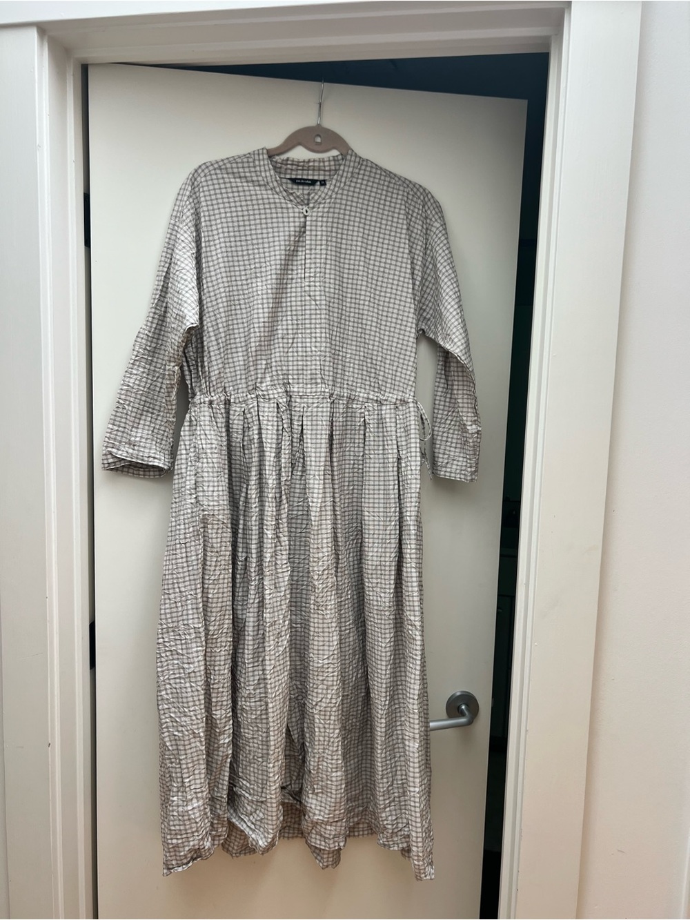 Long Sleeve Checked Maxi Dress in Light Gray and White by Pas de Calais